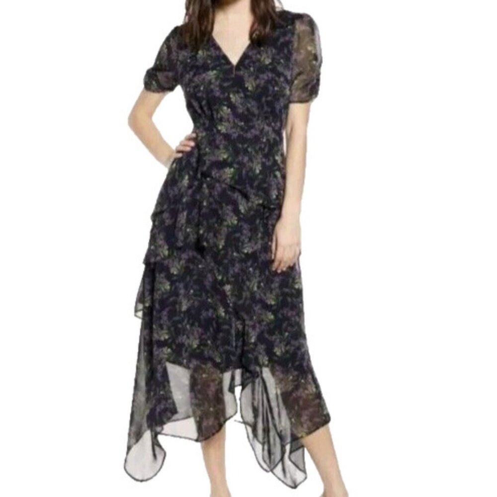 Astr the Label Floral Print Handkerchief Dress Womens XS Black Purple Tiered